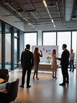 People standing in an office with a large screen photo
