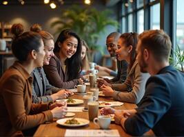 A group of people sitting at a table in a restaurant photo