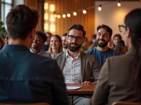 A group of people sitting at a table in a meeting photo