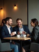 Three business people sitting at a table with coffee cups photo