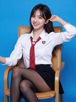 A woman in a school uniform sitting on a chair photo