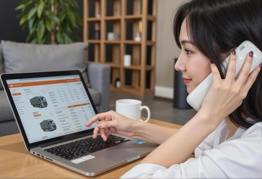 A woman is using her laptop to look at a website photo