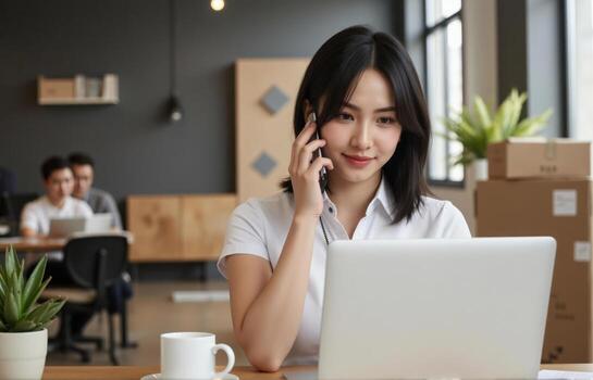 A woman sitting at a table with a laptop and talking on the phone photo