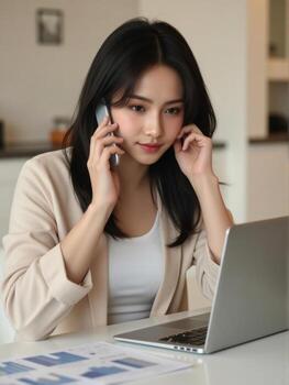 A woman sitting at a table with a laptop and talking on the phone photo