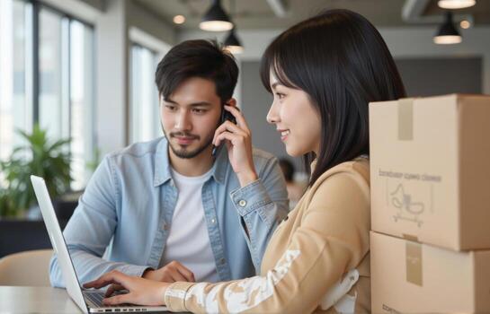 A man and woman sitting at a table with boxes and a laptop photo