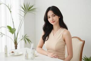 A woman sitting at a table with a bottle of skin care products photo