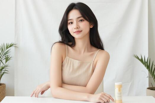 A woman sitting at a table with a bottle of lotion photo