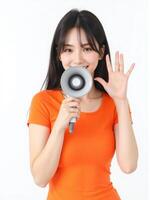 Asian woman holding a megaphone and making the ok sign photo