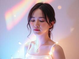 A woman with a book and a rainbow light photo