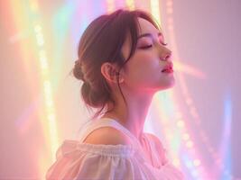 Beautiful asian woman with colorful lights in background photo