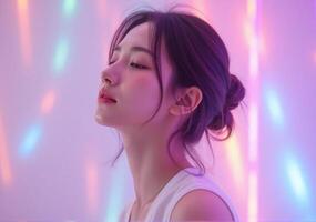 A woman with her eyes closed and a rainbow background photo