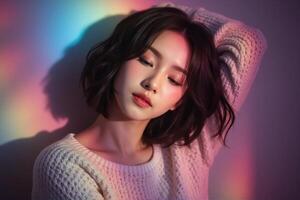 Beautiful asian woman with rainbow light photo