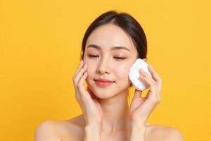 Beautiful asian woman with white face and white skin using a sponge to clean her face photo