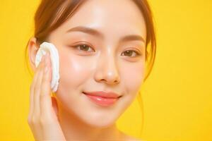 Beautiful asian woman with white face and white skin holding a sponge photo