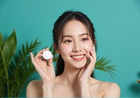 Beautiful asian woman holding a white face mask photo