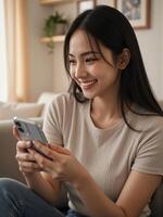Asian woman using smartphone in living room photo