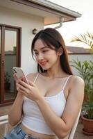 Asian woman using smartphone on balcony photo