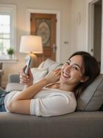 A woman is sitting on a couch and holding a remote control photo