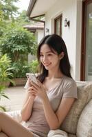 Asian woman sitting on couch using her phone photo