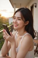 Asian woman using smartphone on balcony at sunset photo