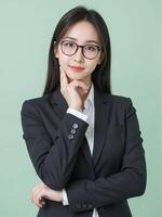 Asian business woman with glasses on green background photo