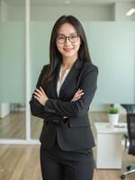 Asian business woman standing in office with arms crossed photo