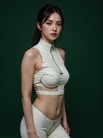 A woman in white sports outfit posing for the camera photo