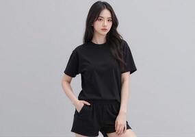 The model wears a black t - shirt and shorts photo