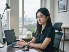 businesswoman in a professional outfit, smiling as she types on her laptop, sitting at a stylish desk in a modern office space with glass walls and minimalist design photo