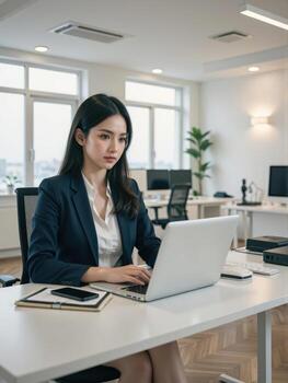 young professional IT specialist, a business lady, smiling while working on her laptop, seated at a modern desk in an office with glass partitions and greenery photo