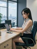 businesswoman in a sharp outfit, smiling confidently as she types on her laptop, sitting at a stylish desk in a modern office with open spaces photo