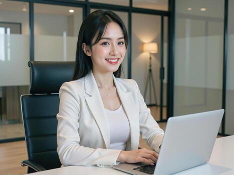 young IT specialist, a business lady smiling while working on her laptop, seated at a modern desk in an office with glass partitions and greenery photo