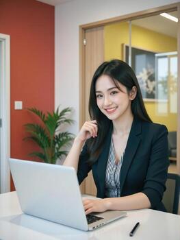 professional businesswoman smiling confidently as she types on her laptop, sitting at a stylish desk in a office with open spaces and greenery photo