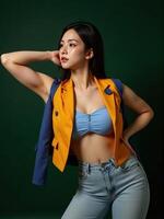 confident woman strikes a powerful pose in an oversize 2025 fashion-forward ensemble with metallic details and flowing fabrics, against a dark green background photo