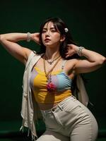 stylish woman strikes a powerful pose in an oversize 2025 trendsetting outfit with holographic textures and sharp tailoring, set against a dark green background photo