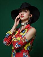 poised woman wears an oversize 2025 futuristic outfit with geometric patterns and metallic finishes, set against a dark green background, captured from a dynamic, off-center angle photo