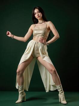 A confident woman exudes power in an oversize 2025 high-fashion look featuring sharp tailoring and glowing details, posed against a dark green background, photographed from a unique photo