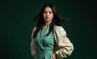 confident woman exudes power in an oversize 2025 high-fashion ensemble with bold patterns and structured silhouettes, posed against a dark green background, shot from a dynamic, side angle photo