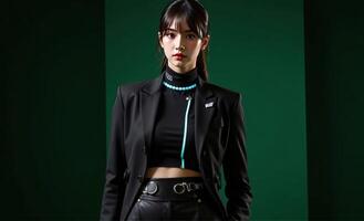 poised woman wears an oversize 2025 futuristic ensemble with sharp lines and bold patterns, set against a dark green background, shot from a low, dramatic angle photo