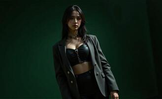 confident woman exudes power in an oversize 2025 high-fashion outfit featuring metallic details and structured silhouettes, posed against a dark green background, captured from a unique, tilted angle photo