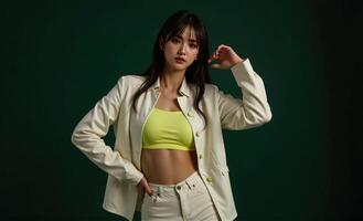 stylish woman showcases an oversize 2025 trendsetting outfit with bold shoulders and flowing fabrics, set against a dark green background, captured from a dynamic, side angle photo