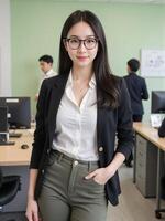 Japanese business woman wearing glasses and a sleek casual formal outfit, posing confidently in a bustling office with a light green background, exuding elegance photo