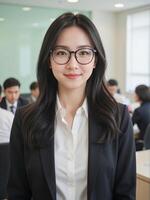 poised Japanese business woman in glasses and a casual formal attire, standing confidently in a bustling office with a light green background, exuding professionalism photo