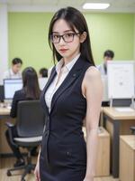 Japanese business woman wearing glasses and a sleek casual formal outfit, posing confidently in a bustling office with a light green background, exuding confidence photo