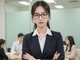confident Japanese business woman in glasses and a casual formal attire, standing in an office with a light green background, surrounded by a busy work environment photo