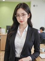 professional Japanese business woman in glasses and a casual formal attire, standing confidently in a busy office with a light green background, showcasing her expertise photo