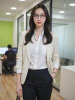 Japanese business woman wearing glasses and a smart casual formal outfit, posing confidently in a busy office with a light green background, showcasing her professionalism photo