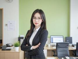 poised Japanese business woman in glasses and a casual formal attire, posing confidently in a bustling office with a light green background, exuding leadership photo