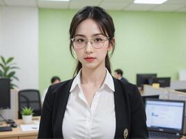 A woman in glasses standing in front of a computer photo