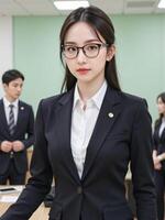 A woman in a suit and glasses photo